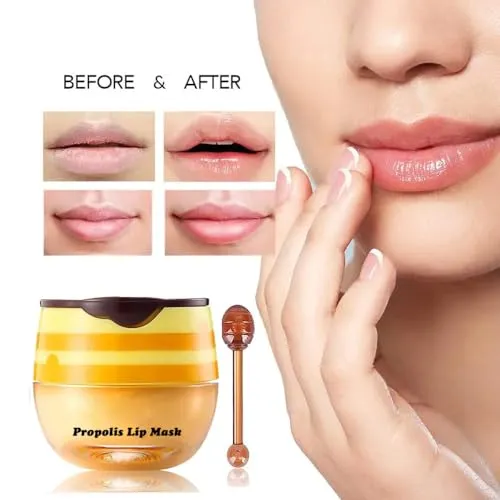 3Pcs Honey Lip Balm Honey Pot, Strawberry& Apple Lime Lip Mask Overnight Propolis Moisturizing Lip Balm Hydrating Prevention Dry and Crack Lip Scrubs Exfoliator, Beeswax with Vitamin E