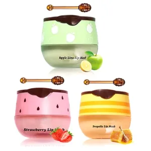 3Pcs Honey Lip Balm Honey Pot, Strawberry& Apple Lime Lip Mask Overnight Propolis Moisturizing Lip Balm Hydrating Prevention Dry and Crack Lip Scrubs Exfoliator, Beeswax with Vitamin E