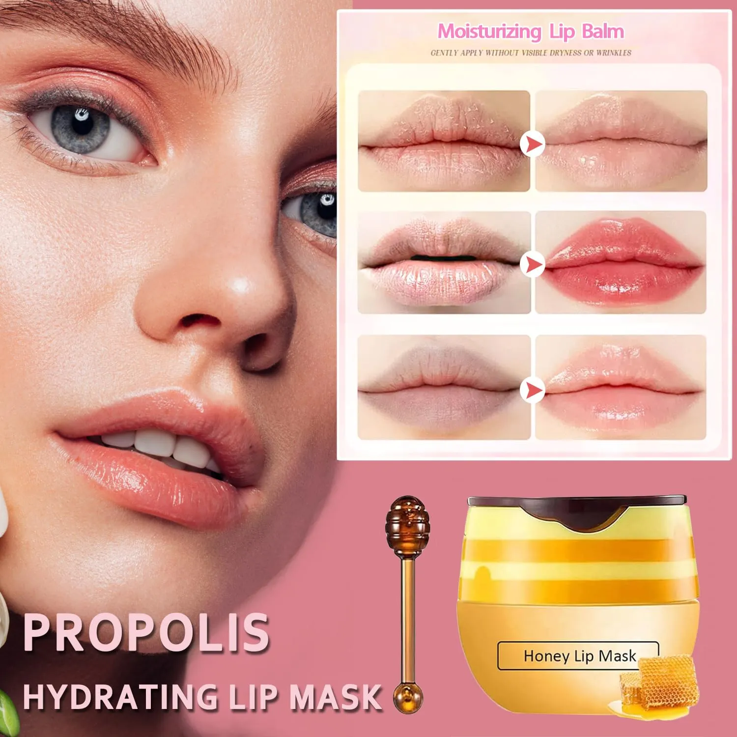 4 PCS Bee Lip Balm Honey Pot,Strawberry&Watermelon&Honey&Apple Lime Lip Mask Overnight Hydrating Prevention Dry and Cracked Lip Scrubs Exfoliator Lip Care, Lip Sleeping Mask Reduces Lip Lines
