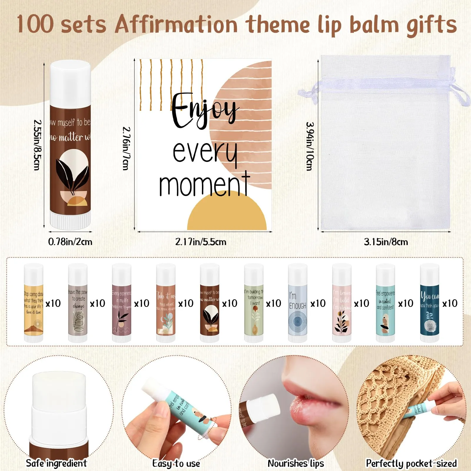 Dansib Mental Health Awareness Gifts Lip Balm Bulk Inspirational Lip Balm with Positive Daily Affirmation Cards Self Care Gifts Gifts for Women Men Stress Relief Family Reunion Favor(100 Sets)