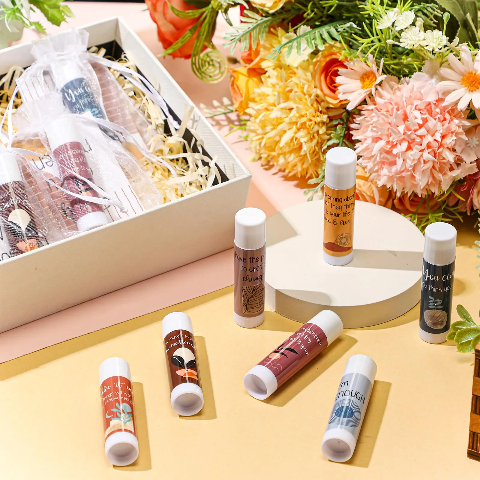 Dansib Mental Health Awareness Gifts Lip Balm Bulk Inspirational Lip Balm with Positive Daily Affirmation Cards Self Care Gifts Gifts for Women Men Stress Relief Family Reunion Favor(100 Sets)